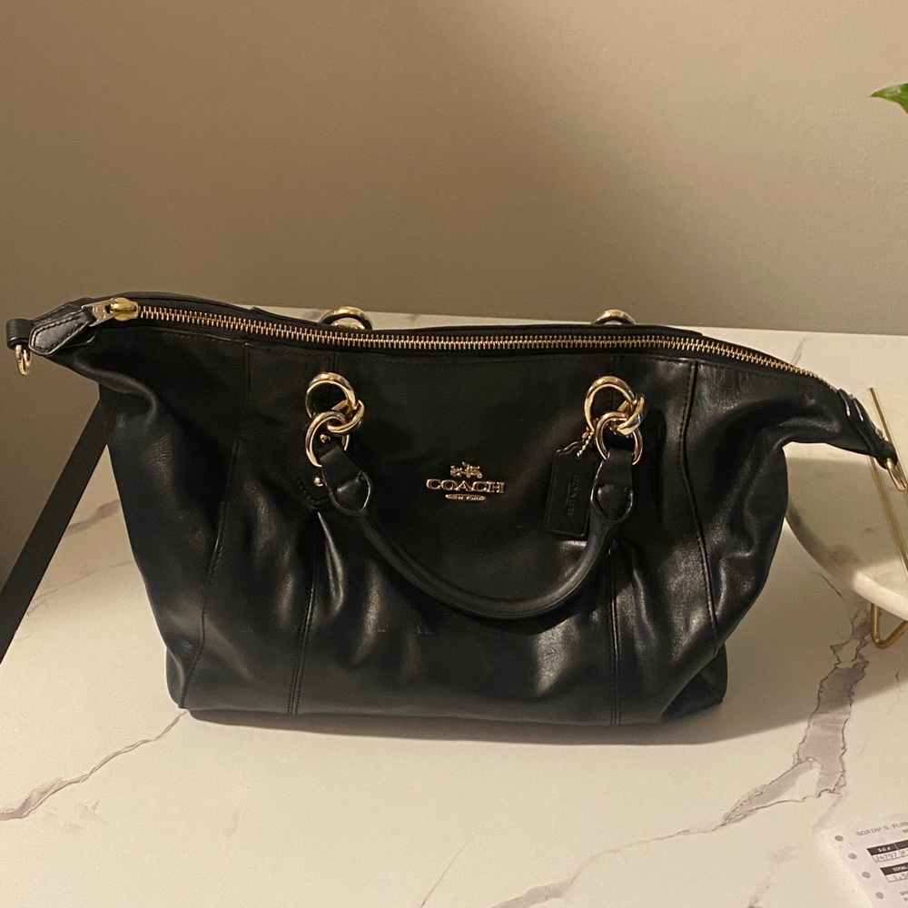 Coach Black Leather Satchel with Gold Accents